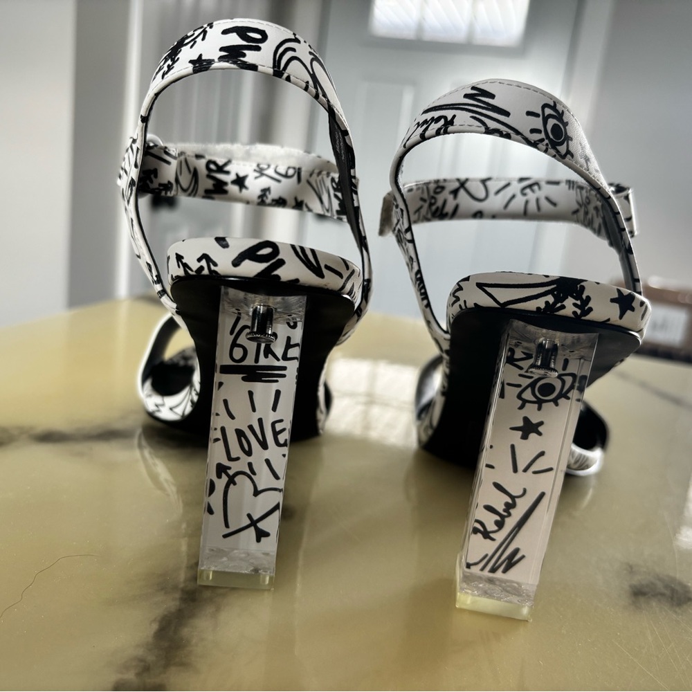 White and Black Graffiti Block Heel Sandals - Picture 3 of 5